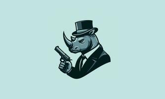 rhino wearing hat and hold gun vector mascot design