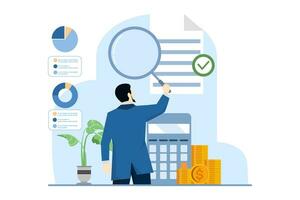 Audit process in business, Professionals evaluate financial records, Internal audit, third party verification, clear reports, Integrity, accuracy, transparency in finance, Flat vector illustration.