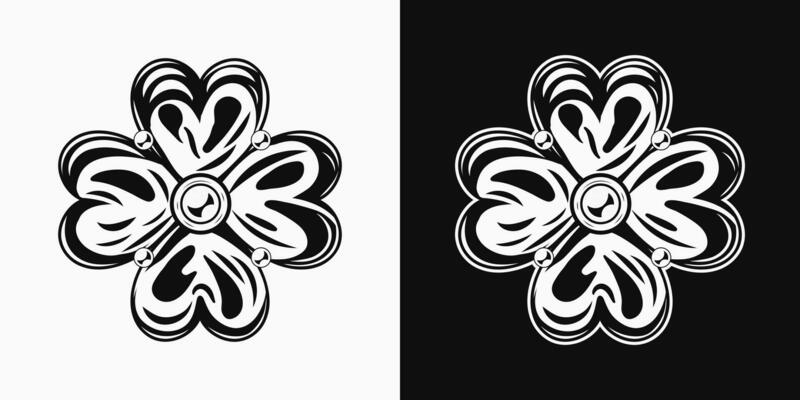 Black and white illustration of lucky clover, shamrock with four leaves. St Patrick's Day decoration. Vintage style