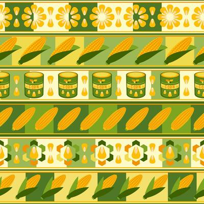 Seamless striped pattern with icons of corn cob, corn grains, canned corn, abstract geometric shapes on square grid background. For branding, decoration of food package, decorative print for kitchen