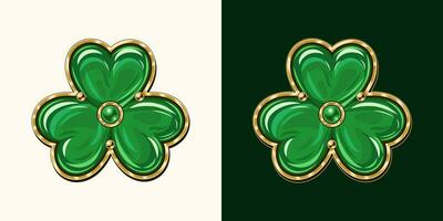 Clover, shamrock like jewelry charm made of green enamel in golden frame. St Patrick's Day decoration. Vintage style vector