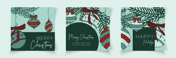 Set of christmas cards templates with branch elements in line art style. Botanical banner xmas frame. Editable vector for sale, card, social media, banner, poster, flyer, web, slide, presentation