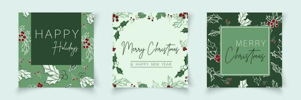 Set of christmas cards templates with branch elements in line art style. Botanical banner xmas frame. Editable vector for sale, card, social media, banner, poster, flyer, web, slide, presentation