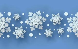 invierno sin costura modelo con papel cortar copos de nieve. Navidad diseño 3d ilustración en azul de colores antecedentes para presentación, bandera, cubrir, web, volantes, tarjeta, venta, póster y social medios de comunicación vector