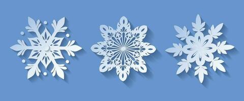 Vector set white christmas paper cut 3d snowflake with shadow on blue colored background. Winter design elements for presentation, banner, cover, web, flyer, card, sale, poster, slide and social media