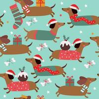 Christmas seamless pattern with dogs presents pudding stars on blue background vector