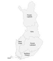 Finland map. Map of Finland divided into six main regions png