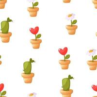 Seamless pattern, vector repeating background. House plants in flowerpots, daisies, hearts, cactus heart. Pattern suitable for Valentine's Day, Love Day, Family Day