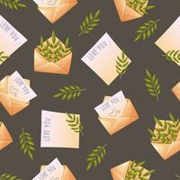 Seamless pattern of envelopes with love letters, with green leaves. Repeating background with mailing envelopes. Vector illustration on a dark background for valentine's day, wedding, day of love