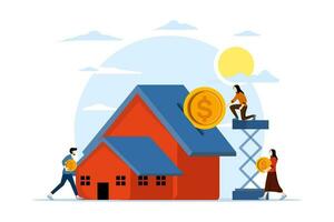 Mortgage loan, ownership and savings concept, tiny people buying a house with debt isolated flat vector illustration. Abstract young couple investing money in property. flat vector illustration.