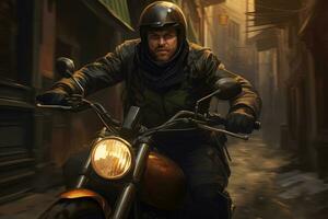 AI generated Biker in a helmet on a motorcycle in the night city, A man wearing a helmet and riding a motorcycle, AI Generated photo