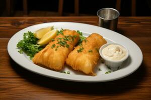 AI generated Fried spring rolls on a white plate with sour cream and lemon, A delicious plate of two golden battered fish fillets served, AI Generated photo