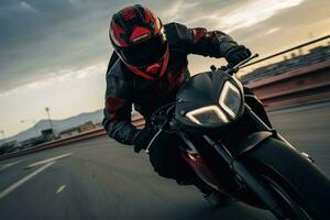 AI generated Motorcycle rider on the road. Motocross sport bike, A man wearing a helmet and riding a motorcycle, AI Generated photo