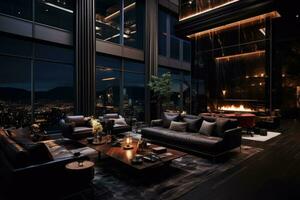 AI generated Luxury living room with night city view. 3D Rendering, A lavish and dark penthouse lounge, AI Generated photo