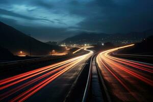 AI generated Car light trails on the road at night. Long exposure photo, A long exposure photo of a highway at night, AI Generated