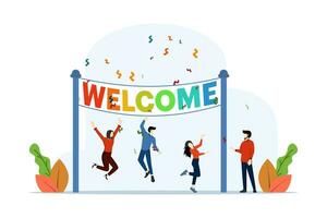 Welcome concept, Friendly team happy with new team member, celebrating, meet, greet, online event. a happy team welcomes newcomers. Modern flat cartoon style, Vector illustration on white background.