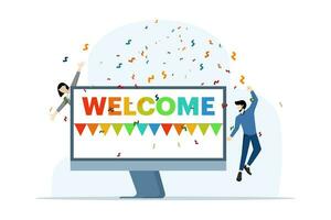 Welcome concept, Friendly team happy with new team member, celebrating, meet, greet, online event. a happy team welcomes newcomers. Modern flat cartoon style, Vector illustration on white background.