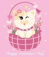 Valentine greeting card, Cat cartoon character, Happy valentine's day hand drawing illustration vector