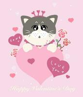 enamorado saludo tarjeta, gato dibujos animados personaje, contento San Valentín día mano dibujo ilustración vector