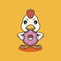 Cute chicken eating big donut cartoon illustration vector