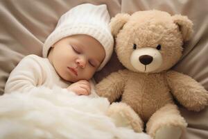 ai generado linda bebé dormido con osito de peluche oso en cama, de cerca, un recién nacido bebé dormido con un osito de peluche oso en un confortable blanco cama, ai generado foto