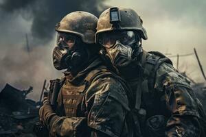 AI generated Portrait of two special forces soldiers in the smoke and fire, A military soldier carrying another soldier on his shoulder on a battlefield, face covered with a mask, AI Generated photo