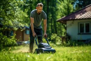 ai generado hombre siega el césped en el jardín con un césped cortacésped, un hombre corta el césped en el césped a hogar con un césped cortacésped, ai generado foto