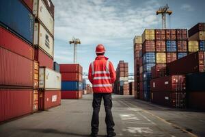 ai generado retrato de un caucásico masculino ingeniero trabajando en un envase Terminal, un trabajador portuario a el Puerto mira a el contenedores, ai generado foto