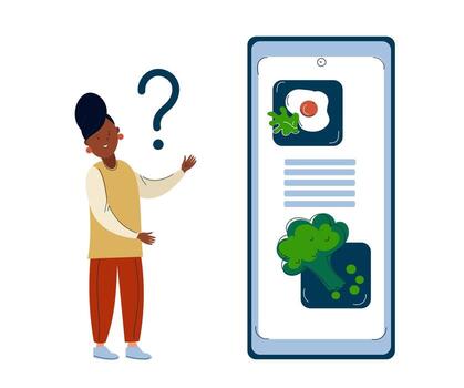 Mobile application for calorie counting. Idea of healthy nutrition and meal portion.  Girl counting calories with smartphone app vector