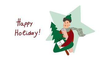 Fun flat cartoon man holding presents for his family and a new year tree. Vector illustration on white background