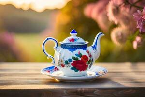 AI generated a blue teapot and a strawberry cake on a wooden table photo