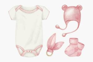 Set of clothes for newborn girl. Bodysuit, pink booties, cap and teether. Babyish accessories. Watercolor illustration. Isolated. Clipart for kids good and shop, cards, baby shower, kid's room and toy vector