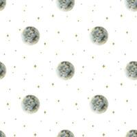Grey moon and golden stars. Watercolor seamless pattern. Full moon. Esoteric signs and symbols. Isolated. Minimalistic print for design, print, fabric or background. vector