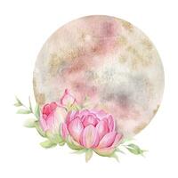 Pink lotus with leaves and pink moon. Floral moon. Watercolor illustrations. Esoteric signs and symbols. Isolated. Minimalistic illustration for design, print, fabric or background. vector