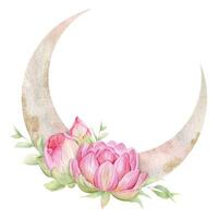 Pink lotus with leaves and pink moon. Floral crescent moon. Watercolor illustrations. Esoteric signs and symbols. Isolated. Minimalistic illustration for design, print, fabric or background. vector