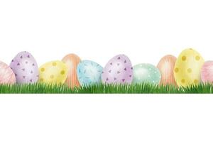 Cute colorful Easter eggs in grass. Seamless border of with Easter Eggs with Pastel Colors. Isolated watercolor illustration. Template for Easter cards, covers, posters and invitations. vector