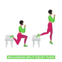 Vector Woman Doing Bulgarian Split Squat Jump. Bodyweight Fitness Legs Workout Exercise. An Educational Illustration On A White Background.