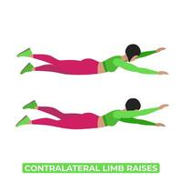 Vector Woman Doing Contralateral Limb Raise. Alternating Superman. Swimmers. Bodyweight Fitness Back and Core Workout Exercise. An Educational Illustration On A White Background.
