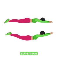 Vector Woman Doing Superman. Bodyweight Fitness Back and Core Workout Exercise. An Educational Illustration On A White Background.