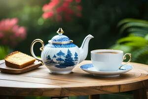 AI generated a blue teapot and a strawberry cake on a wooden table photo