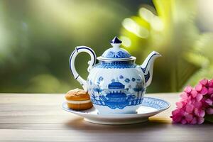 AI generated a blue teapot and a strawberry cake on a wooden table photo