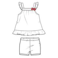 Baby girls tops blouse dress and shorts technical drawing fashion flat sketch vector illustration template