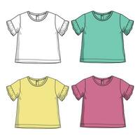 Short sleeve Multi color t shirt tops vector illustration for kids. Apparel design mock up isolated on white background.