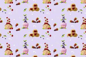 Cartoon style confectionery pattern on purple background. Doodle. Cake, cupcake, cookies. Vector illustration for bakery, poster, banner, website, advertisement. Vector illustration with colorful