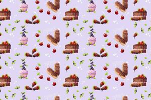 Cartoon style confectionery pattern on purple background. Doodle. Doodle. Cake, cupcake, eclairs. Vector illustration for bakery, poster, banner, website, advertisement. Vector illustration with