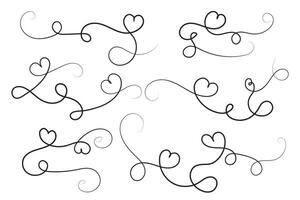 hand-drawn thin line heart swirl ornate, wavy line decorative hearts, calligraphy heart swirl Flourish ornament, outline doodle love Valentine Day design elements, continuous line swirl hearts vector