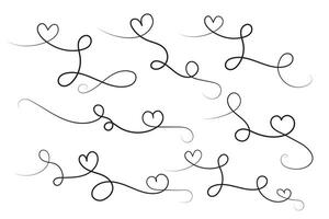 hand-drawn thin line heart swirl ornate, wavy line decorative hearts, calligraphy heart swirl Flourish ornament, outline doodle love Valentine Day design elements, continuous line swirl hearts vector