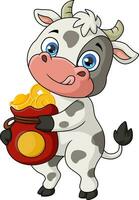 Cute cow cartoon with bag full of gold coins and ingots vector