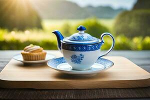 ai generado té y galletas en de madera mesa en jardín foto