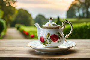 AI generated tea and biscuits on wooden table in garden photo